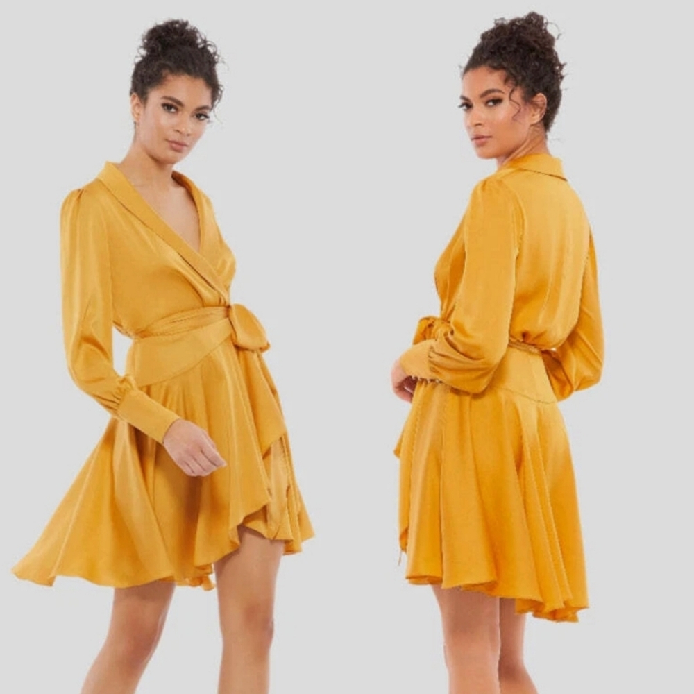 NWT Mac Duggal | Marigold Long Sleeve Short Wrap Dress
